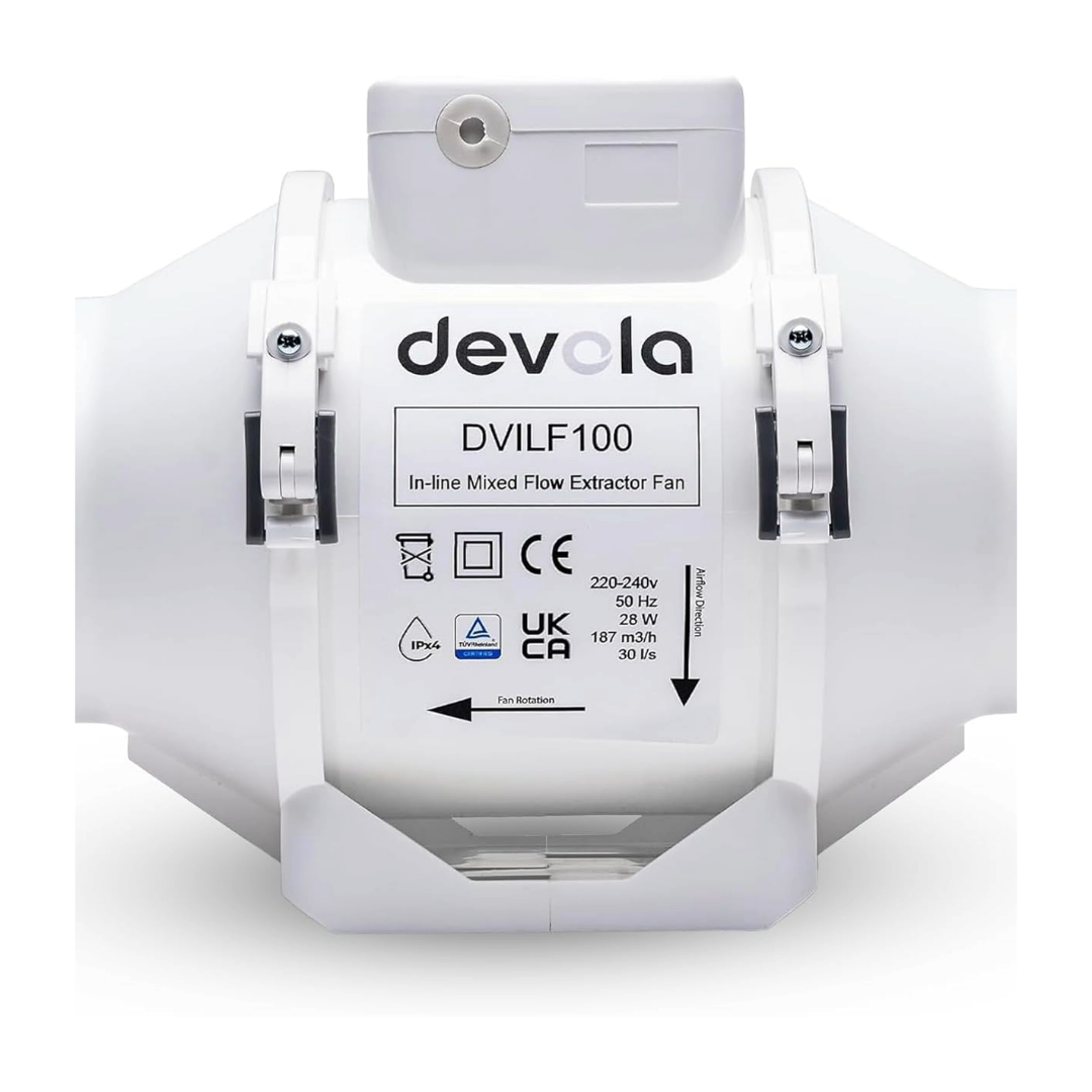 Devola 100mm In-Line Mixed Flow Extractor Fan - DVILF100