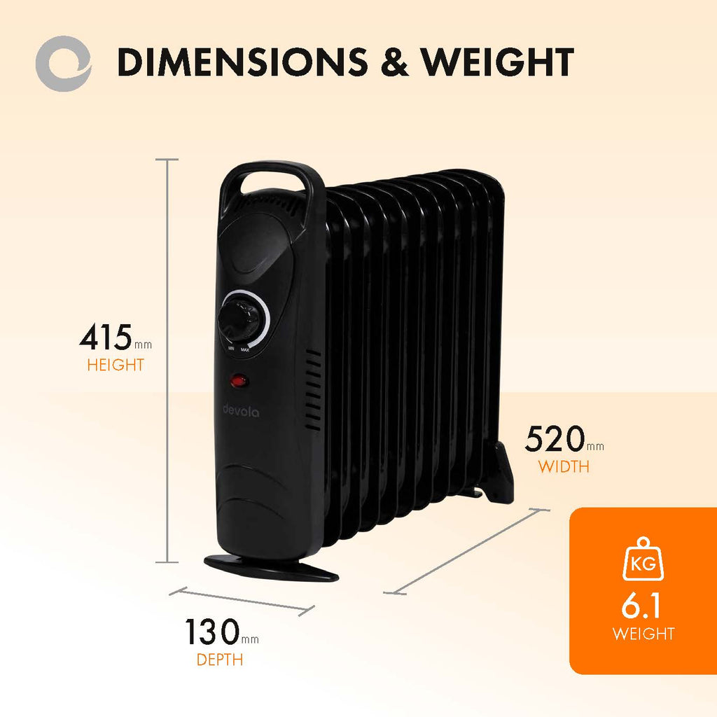 Devola 1000W Mini Oil Filled Radiator (11 Fin) Black - DVMOR11F10B – Devola. co.uk
