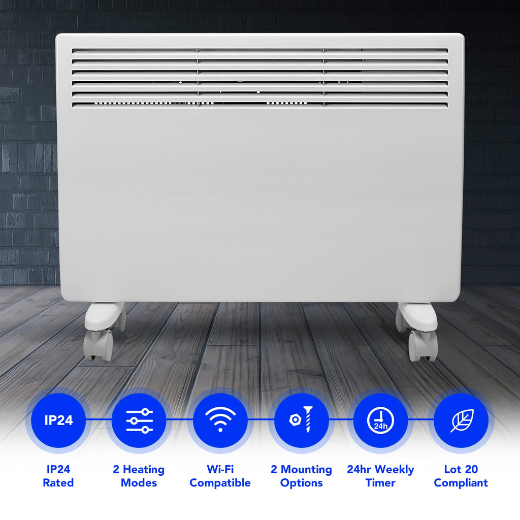 Devola-M 1500W Panel Heater with 7 Day Timer IP24 - White with Tuya WIFI - DVM15WF