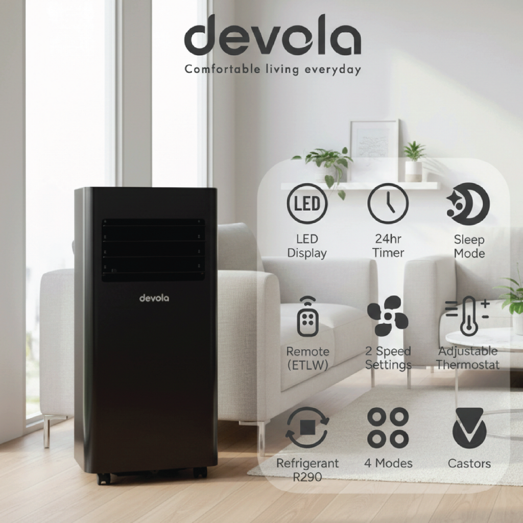 Devola Compact Portable Air Conditioner with Wi-Fi and 2x Window kits - 9000 BTU - Cooling - Black - DVAC9KB