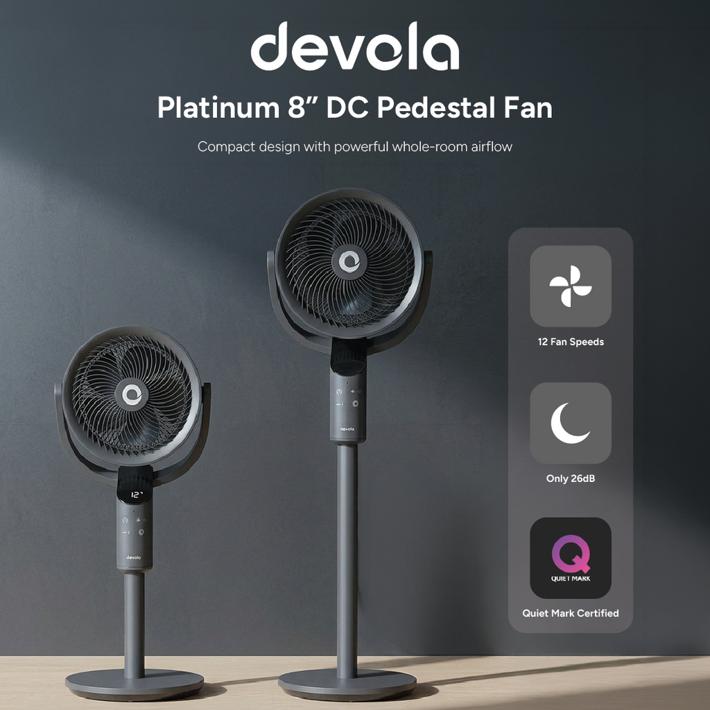 Devola Platinum Low Noise 8 Inch Pedestal Air Circulator, Grey - DVPF8DCB