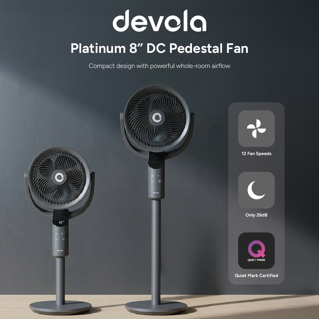 Devola Platinum Low Noise 8 Inch Pedestal Air Circulator, Grey - DVPF8DCB