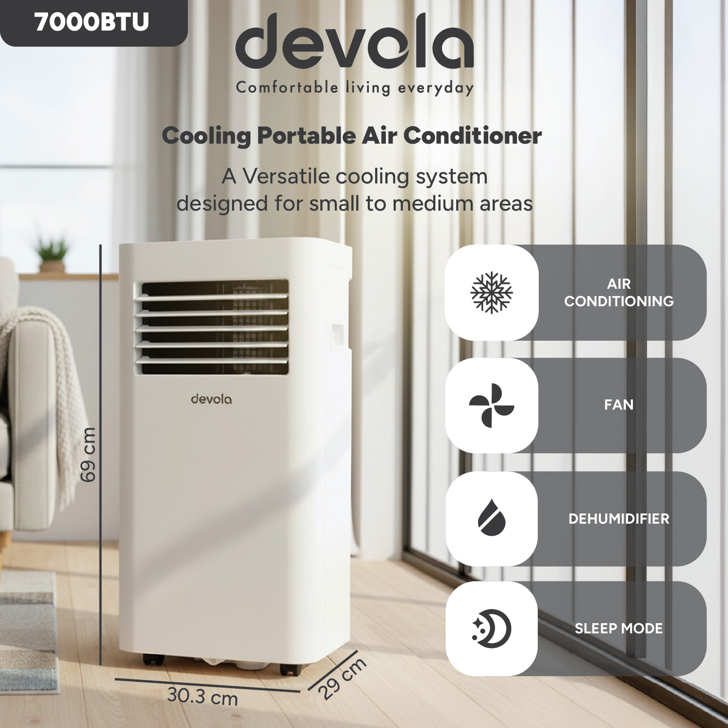 Devola Compact Portable Air Conditioner with Wi-Fi and 2x Window kits - 7000 BTU - Cooling - White - DVAC7K