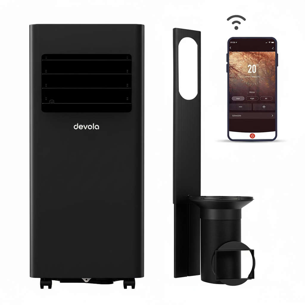 Devola Compact Portable Air Conditioner with Wi-Fi and 2x Window kits - 9000 BTU - Cooling - Black - DVAC9KB