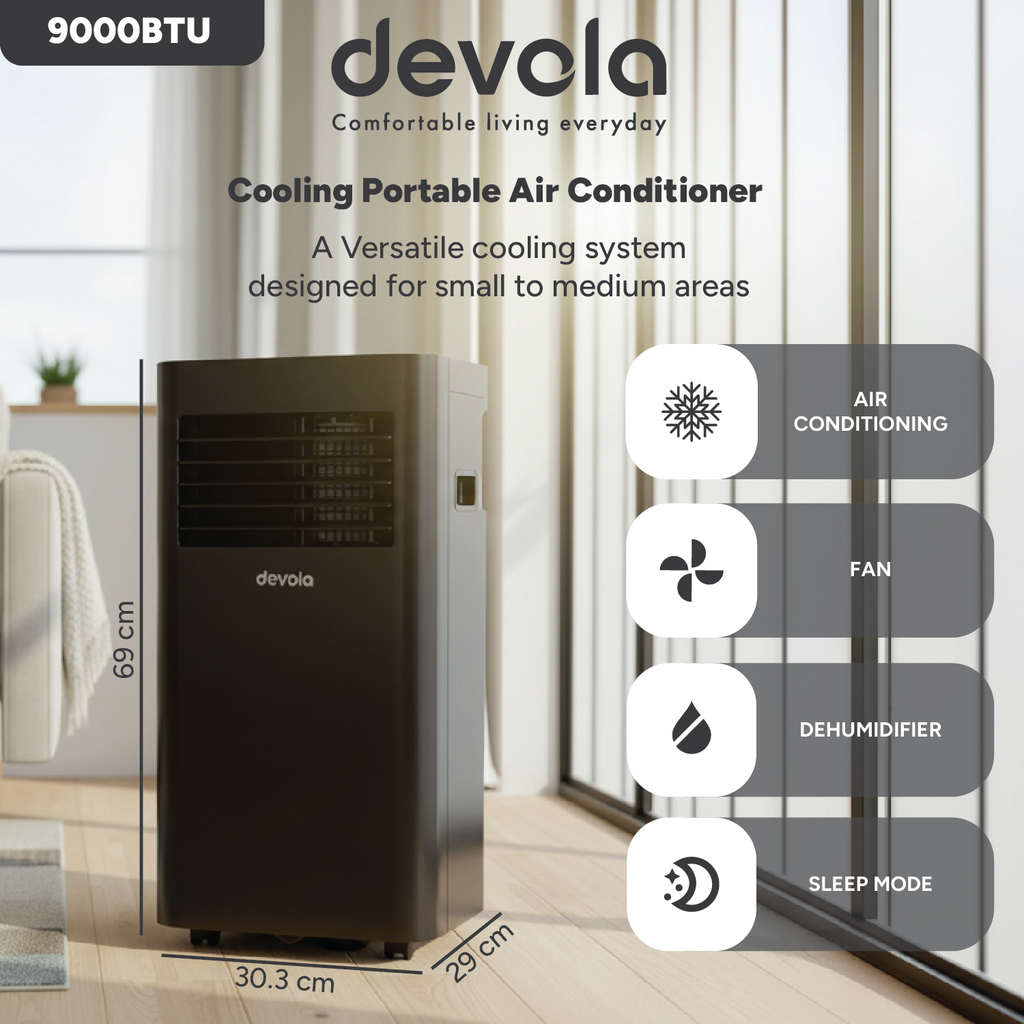 Devola Compact Portable Air Conditioner with Wi-Fi and 2x Window kits - 9000 BTU - Cooling - Black - DVAC9KB