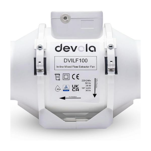 Devola 100mm In-Line Mixed Flow Extractor Fan - DVILF100