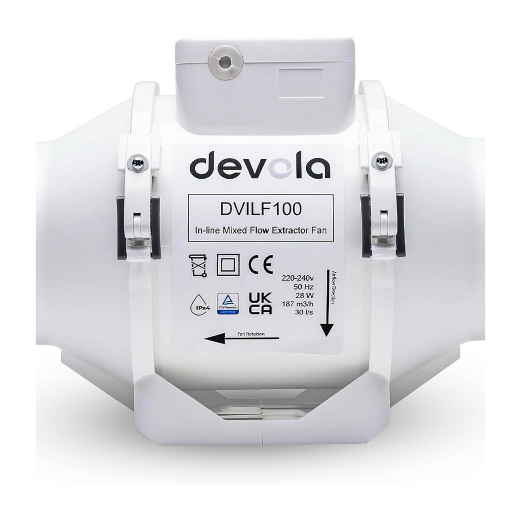 Devola 100mm In-Line Mixed Flow Extractor Fan - DVILF100