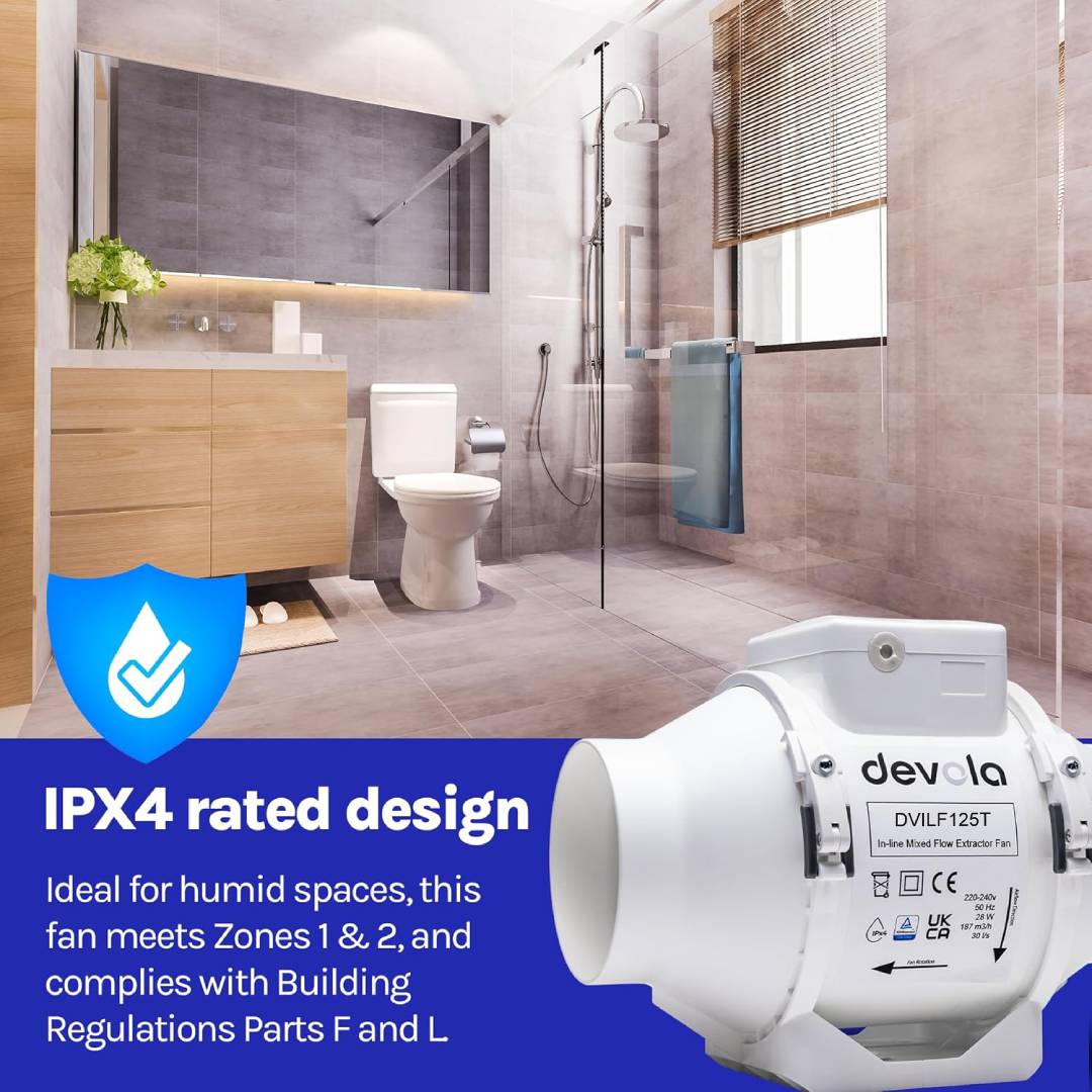 Devola 125mm In-Line Mixed Flow Fan with Timer - DVILF125T