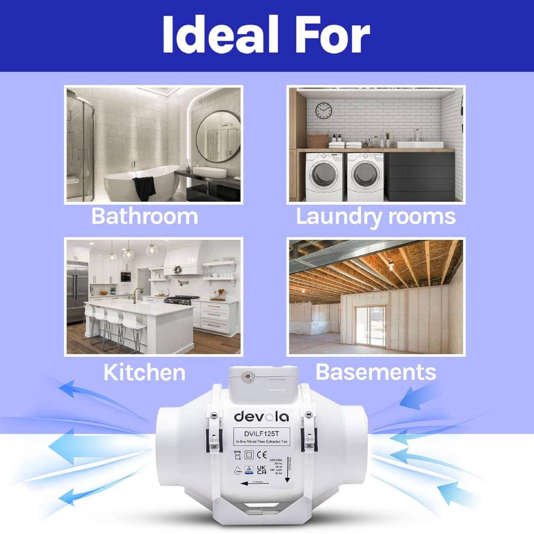 Devola 125mm In-Line Mixed Flow Fan with Timer - DVILF125T