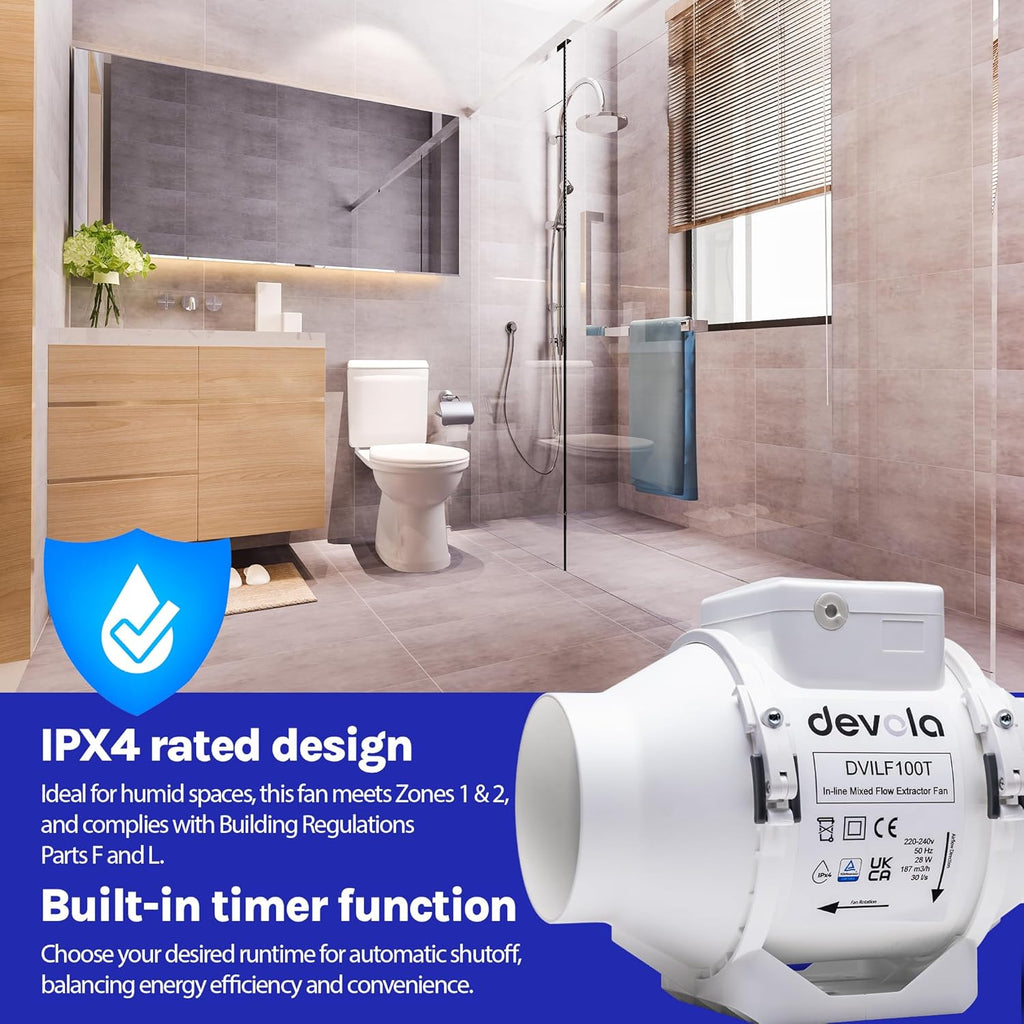 Devola 100mm In-Line Mixed Flow Extractor Fan with Timer - DVILF100T