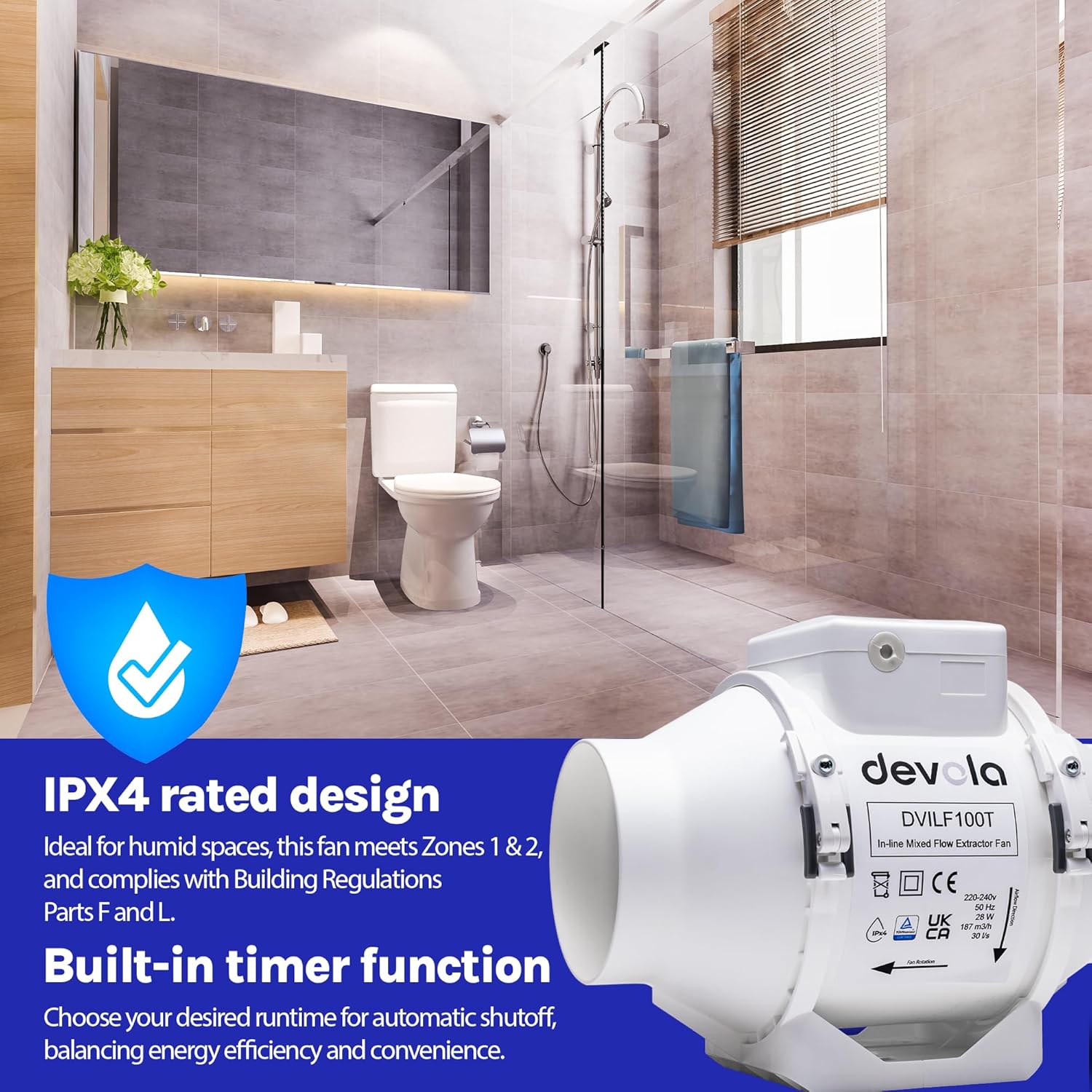 Devola 100mm In-Line Mixed Flow Extractor Fan with Timer - DVILF100T