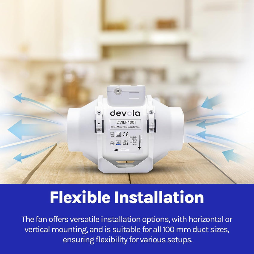 Vertical In Line Extractor Fan Devola 100mm In-Line Mixed Flow Extractor Fan with Timer - DVILF100T