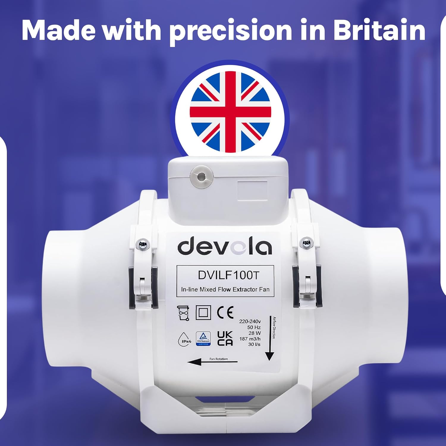 Devola 100mm In-Line Mixed Flow Extractor Fan with Timer - DVILF100T
