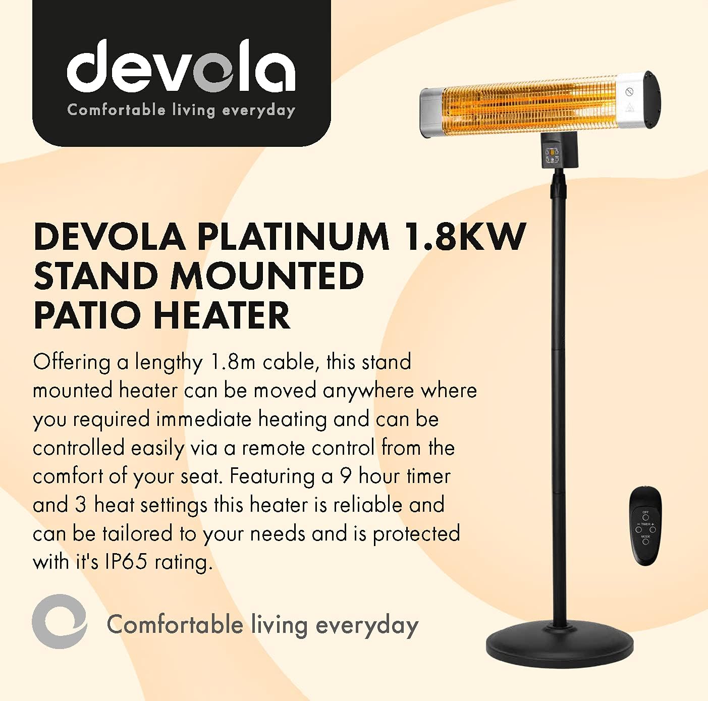 Devola Platinum 1.8kW Stand Mounted Patio Heater with Remote Control IP65 - Silver - DVPH18PSMSL