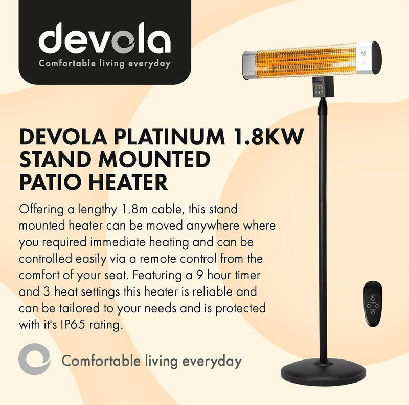 Devola Platinum 1.8kW Stand Mounted Patio Heater with Remote Control IP65 - Silver - DVPH18PSMSL, Image 2 of 9