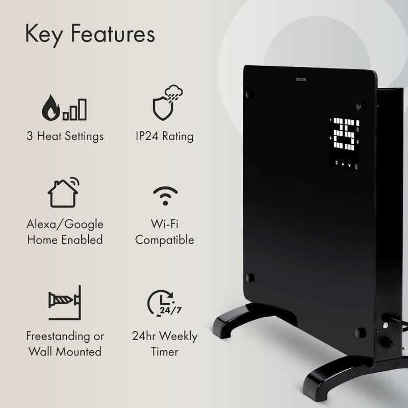 Devola Designer 2.5kW Smart Glass Panel Heater with Timer Black - DVPW2500B, Image 6 of 10