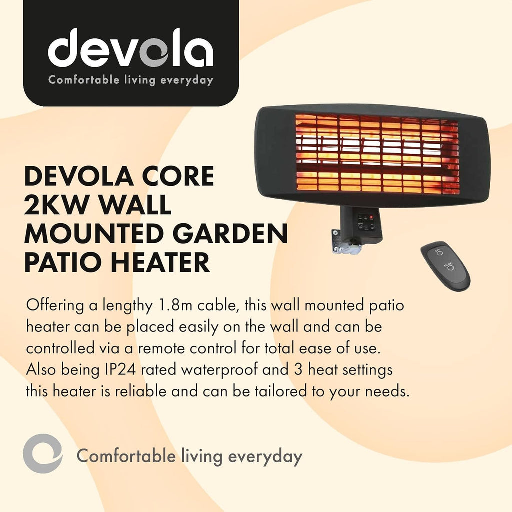 Devola Core 2kW Wall Mounted Patio Heater Square with Remote - DVSPH20WMB