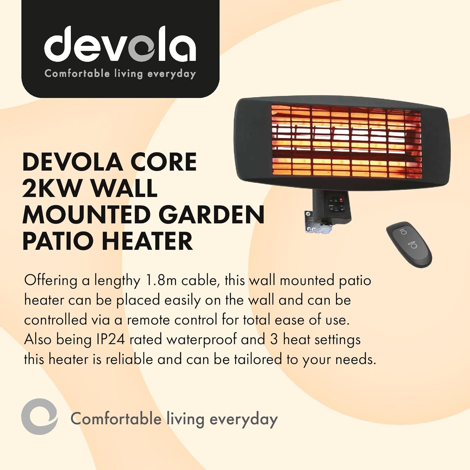 Devola Core 2kW Wall Mounted Patio Heater Square with Remote - DVSPH20WMB