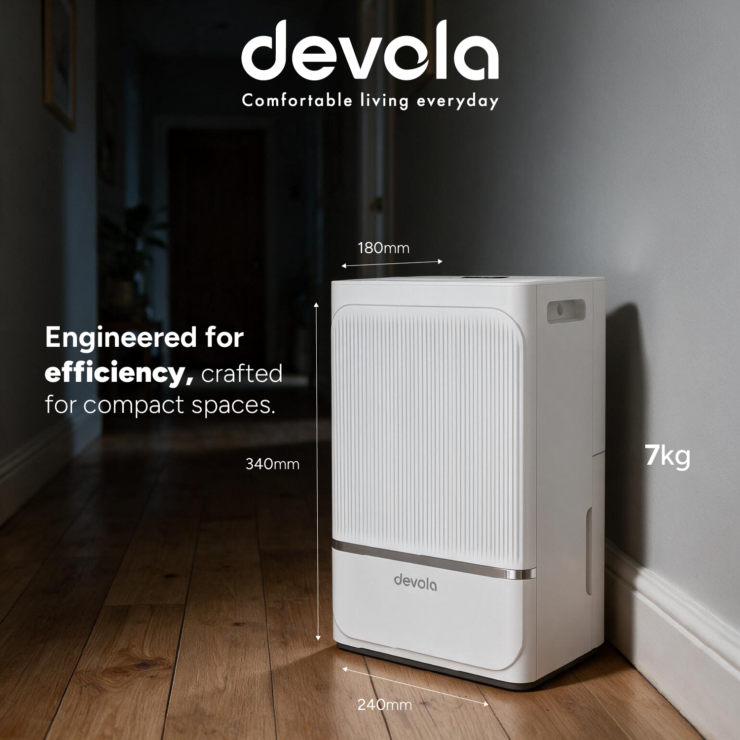 Devola 8L Compact Compressor Dehumidifier with Dust Proof Filter, White - DV8L