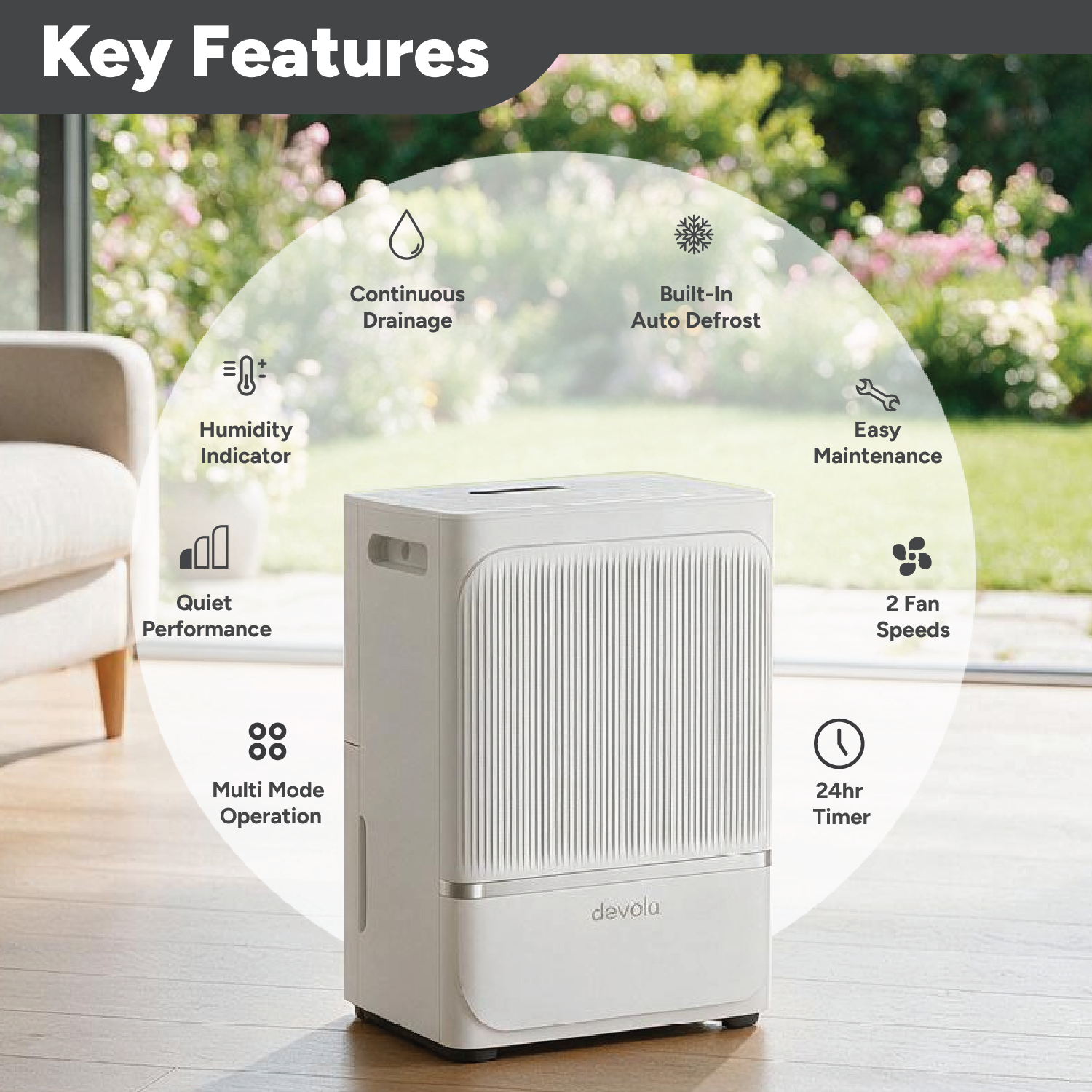 Devola 8L Compact Compressor Dehumidifier with Dust Proof Filter, White - DV8L