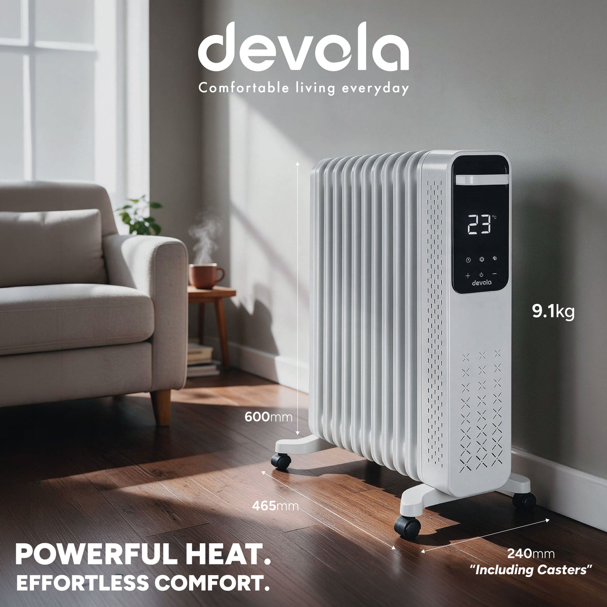 Devola 2500W Oil Filled Radiator 11 Fin, White - DVOFR2500W
