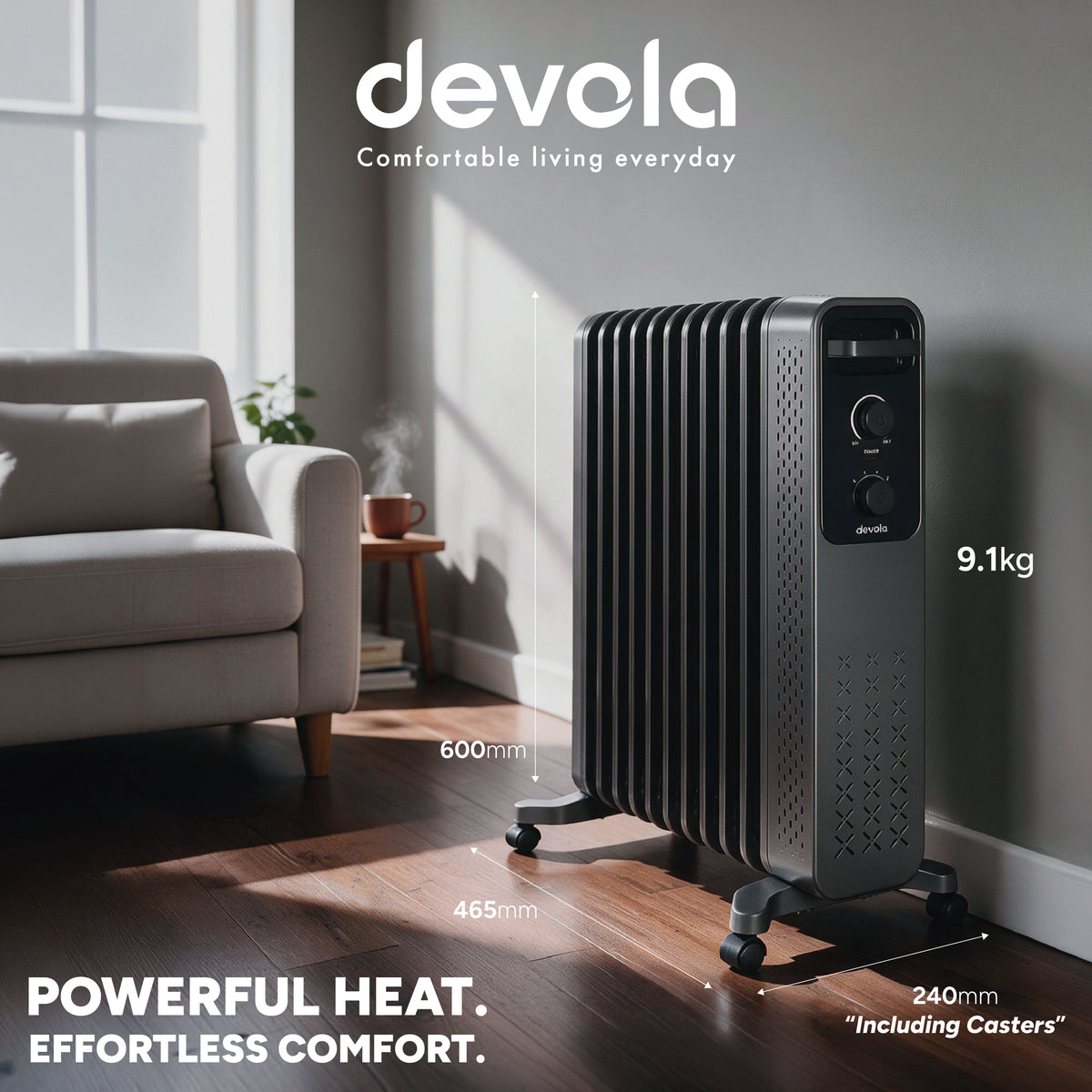 Devola 2500W Oil Filled Radiator with Mechanical Timer, Anthracite - DVOFRM2500B