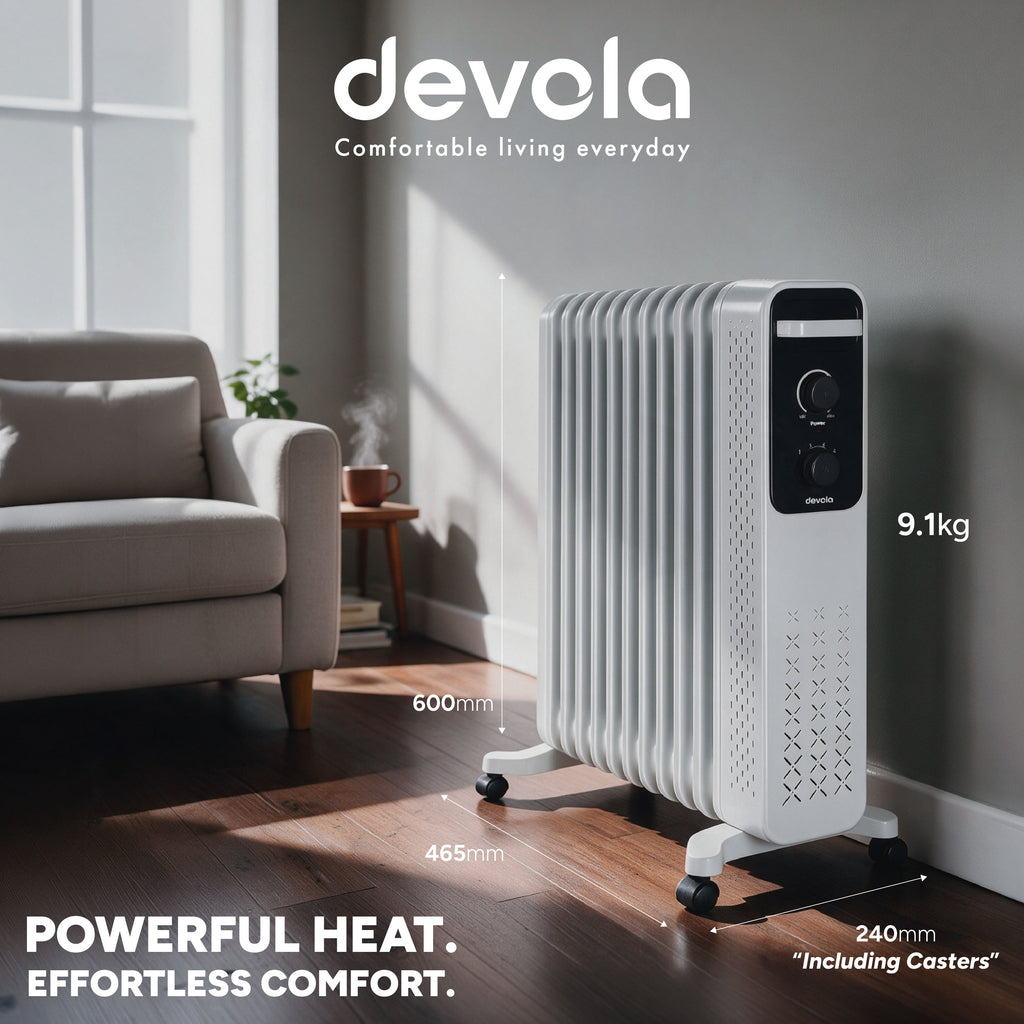 Devola 2500W Oil Filled Radiator with Mechanical Timer, White - DVOFRM2500W