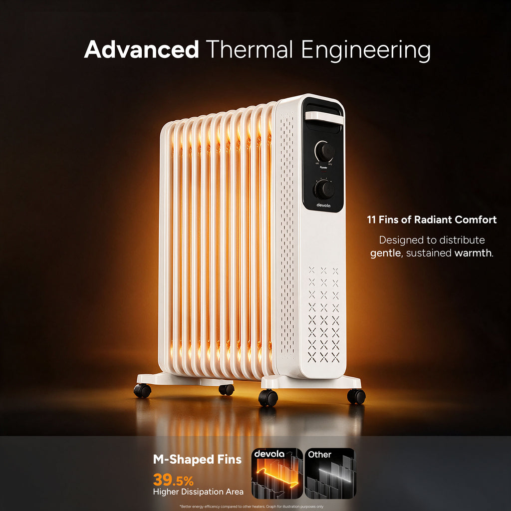 Devola 2500W Oil Filled Radiator with Mechanical Timer, White - DVOFRM2500W
