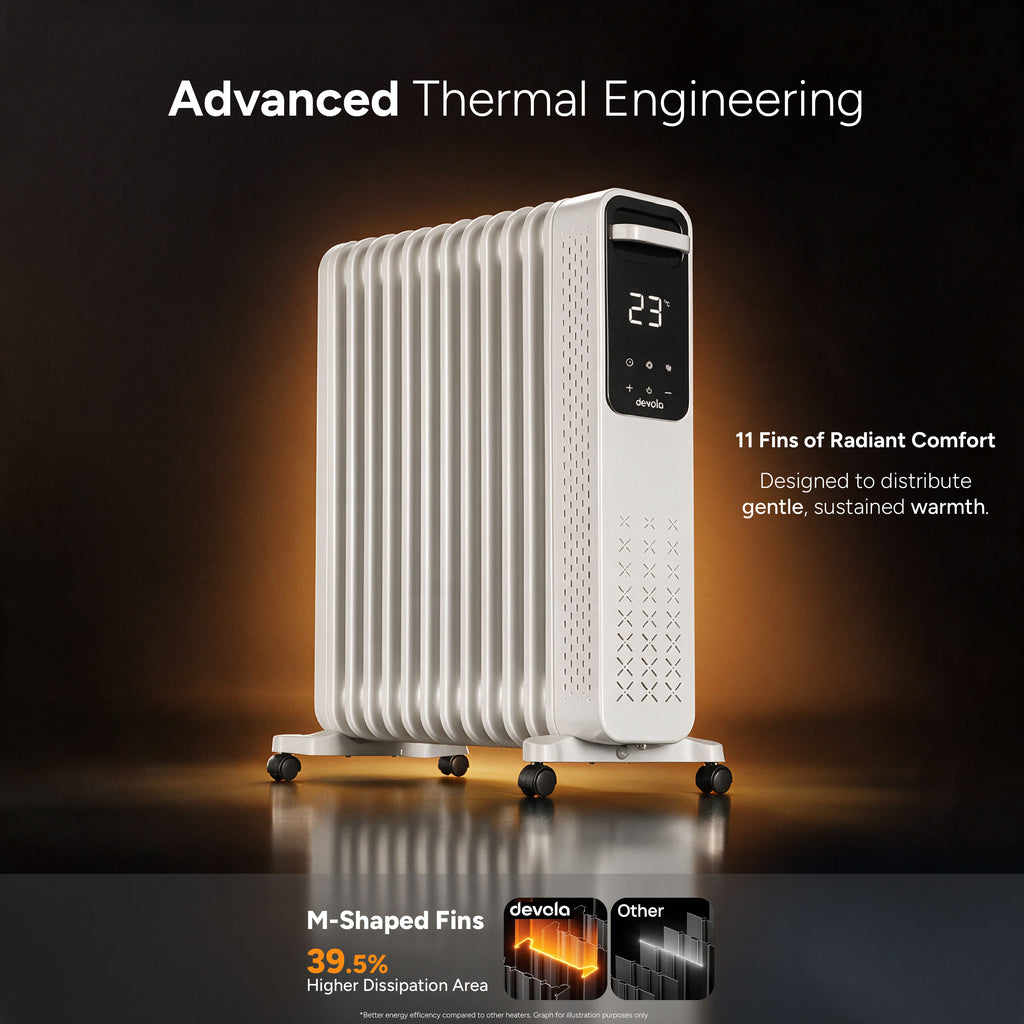 Devola 2500W Oil Filled Radiator 11 Fin, White - DVOFR2500W