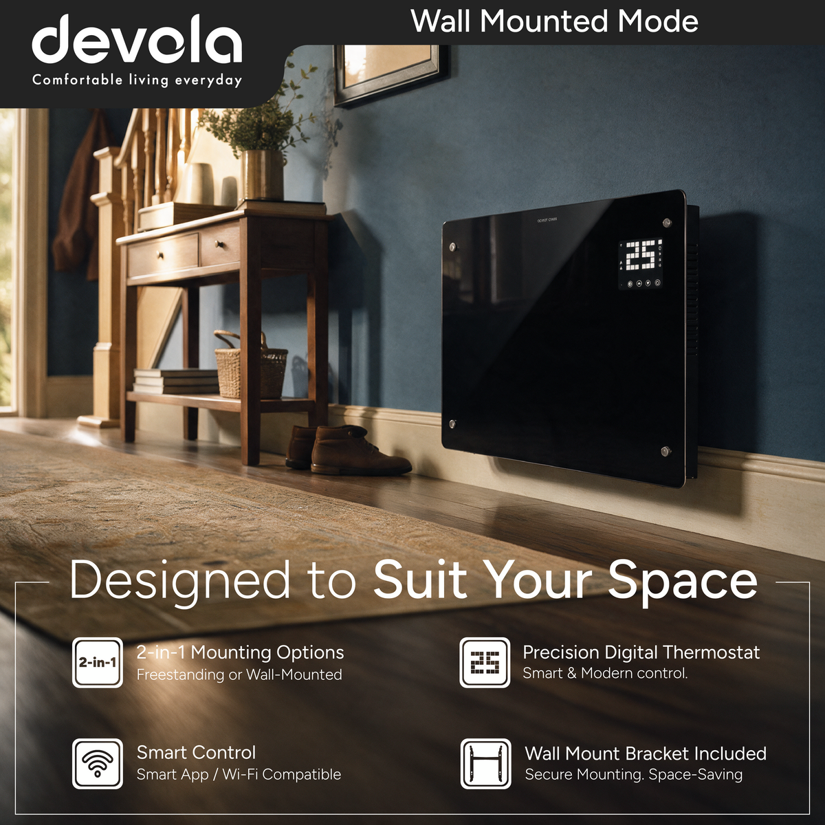 Devola Designer 2kW Smart Glass Panel Heater with Timer Black - DVPW2000B