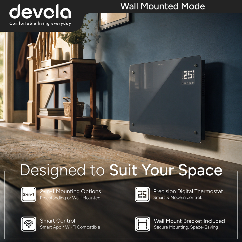 Devola 2000W Glass Panel Heater with Wifi app - Grey - DVPW2000G