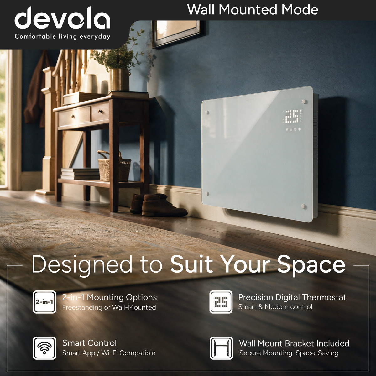 Devola Designer 0.5kW Smart Glass Panel Heater with Timer White - DVPW500WH
