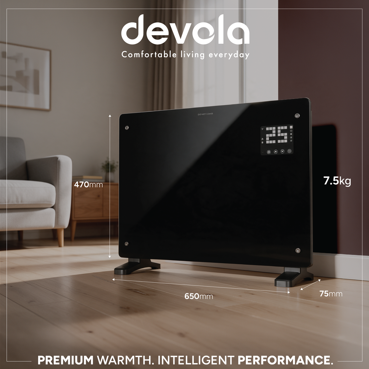 Devola 1500W Glass Panel Heater with Wifi app - Black - DVPW1500B