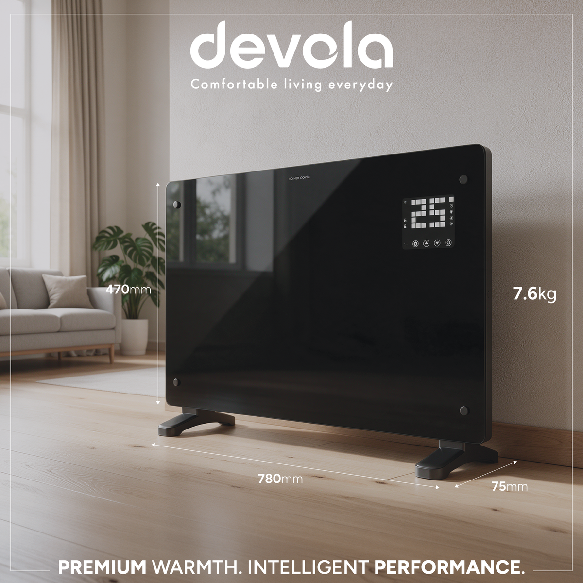 Devola Designer 2kW Smart Glass Panel Heater with Timer Black - DVPW2000B