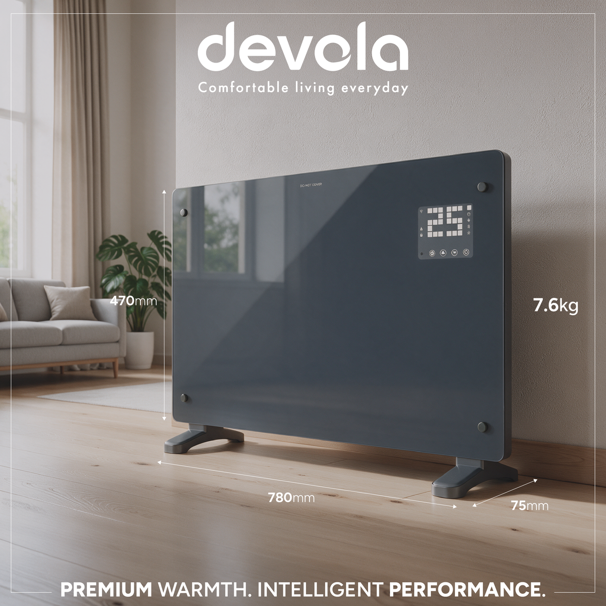 Devola 2000W Glass Panel Heater with Wifi app - Grey - DVPW2000G