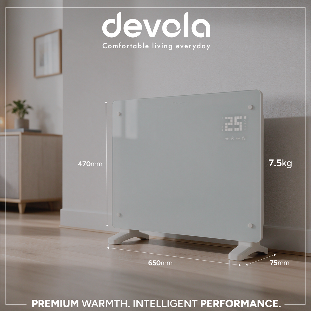 Devola Designer 1.5kW Smart Glass Panel Heater with Timer White - DVPW1500WH