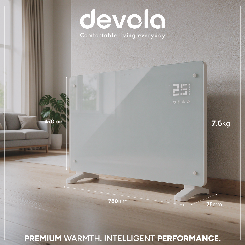 Devola Designer 2kW Smart Glass Panel Heater with Timer White -  DVPW2000WH
