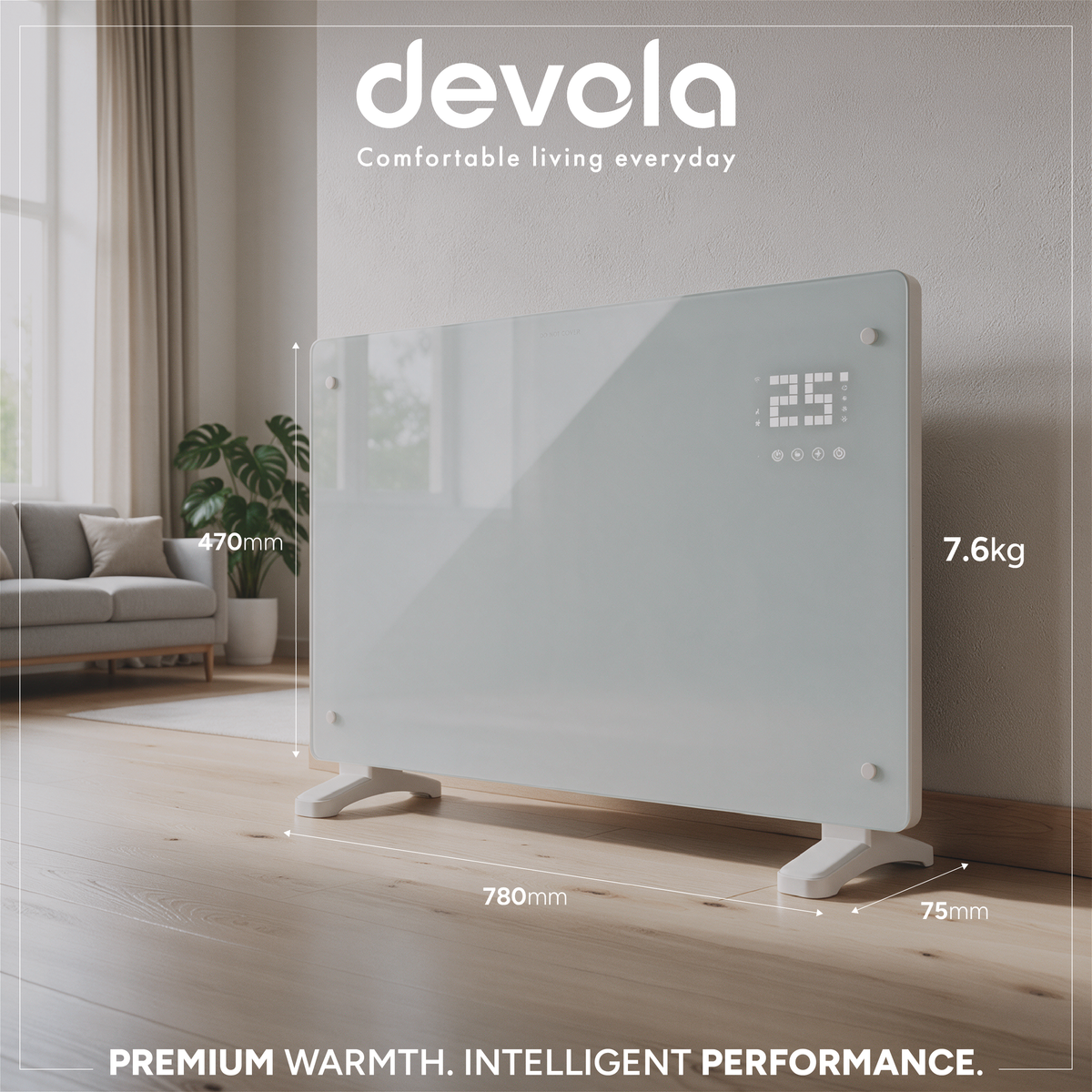 Devola Designer 2kW Smart Glass Panel Heater with Timer White -  DVPW2000WH