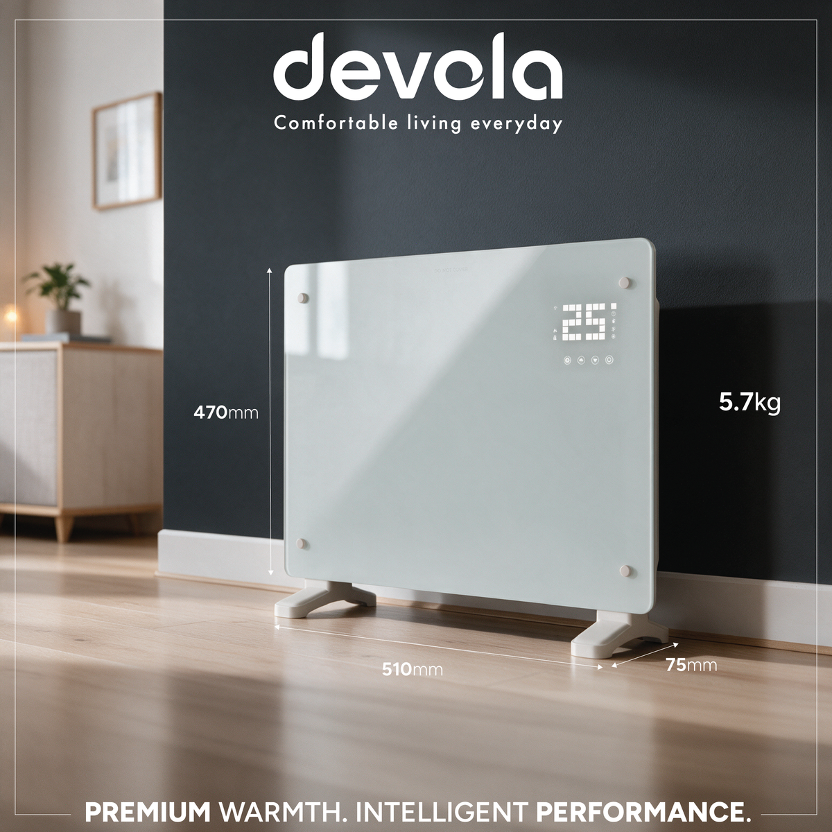 Devola Designer 0.5kW Smart Glass Panel Heater with Timer White - DVPW500WH
