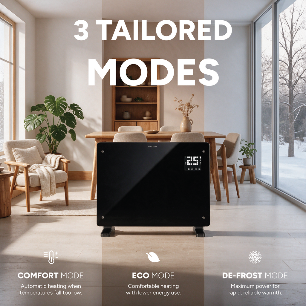 Devola 1500W Glass Panel Heater with Wifi app - Black - DVPW1500B