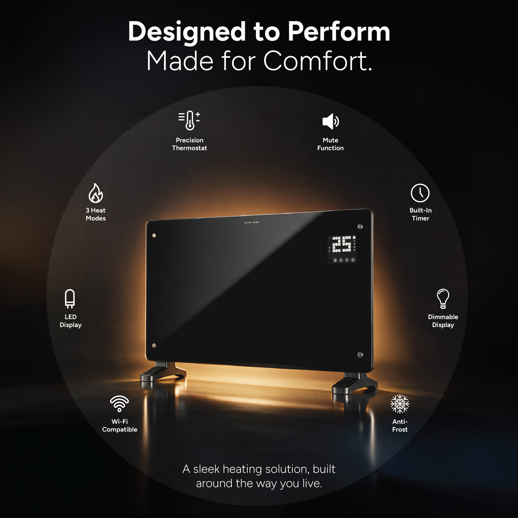 Devola Designer 2kW Smart Glass Panel Heater with Timer Black - DVPW2000B