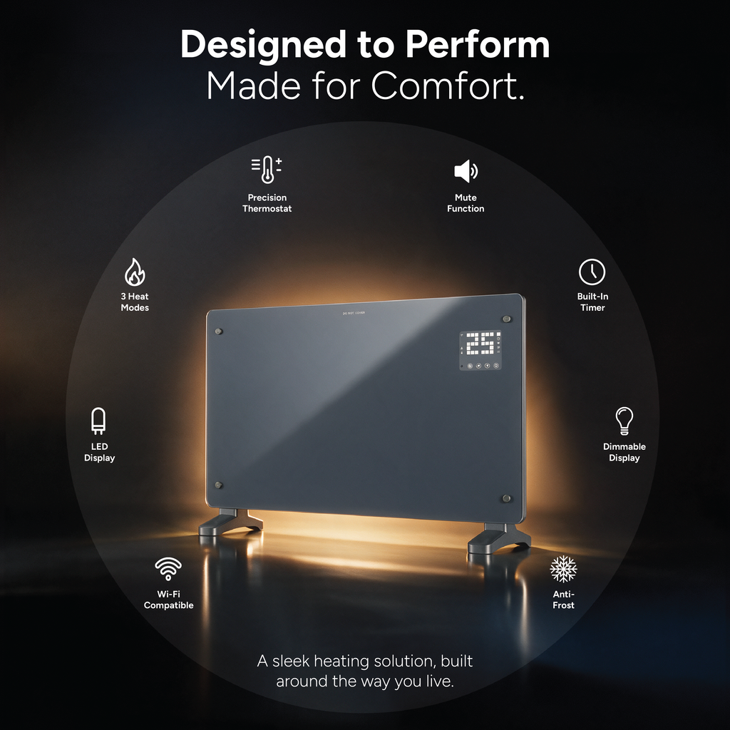 Devola 2000W Glass Panel Heater with Wifi app - Grey - DVPW2000G