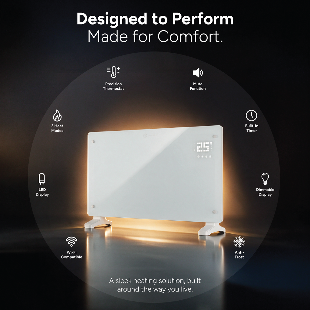 Devola Designer 2kW Smart Glass Panel Heater with Timer White -  DVPW2000WH