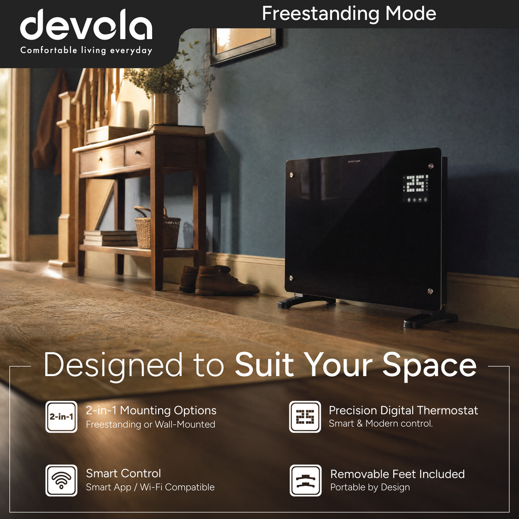 Devola Designer 2kW Smart Glass Panel Heater with Timer Black - DVPW2000B