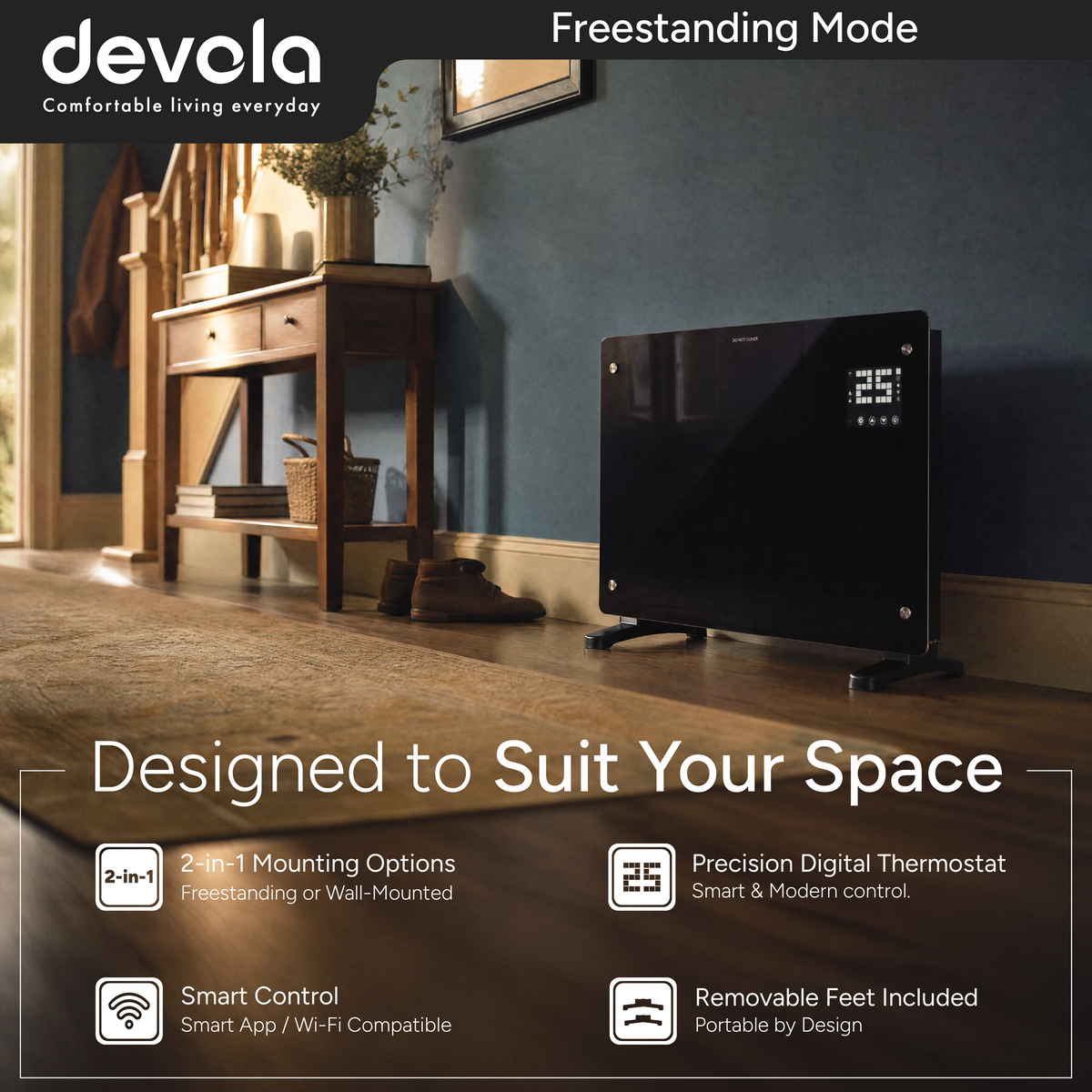 Devola 1500W Glass Panel Heater with Wifi app - Black - DVPW1500B