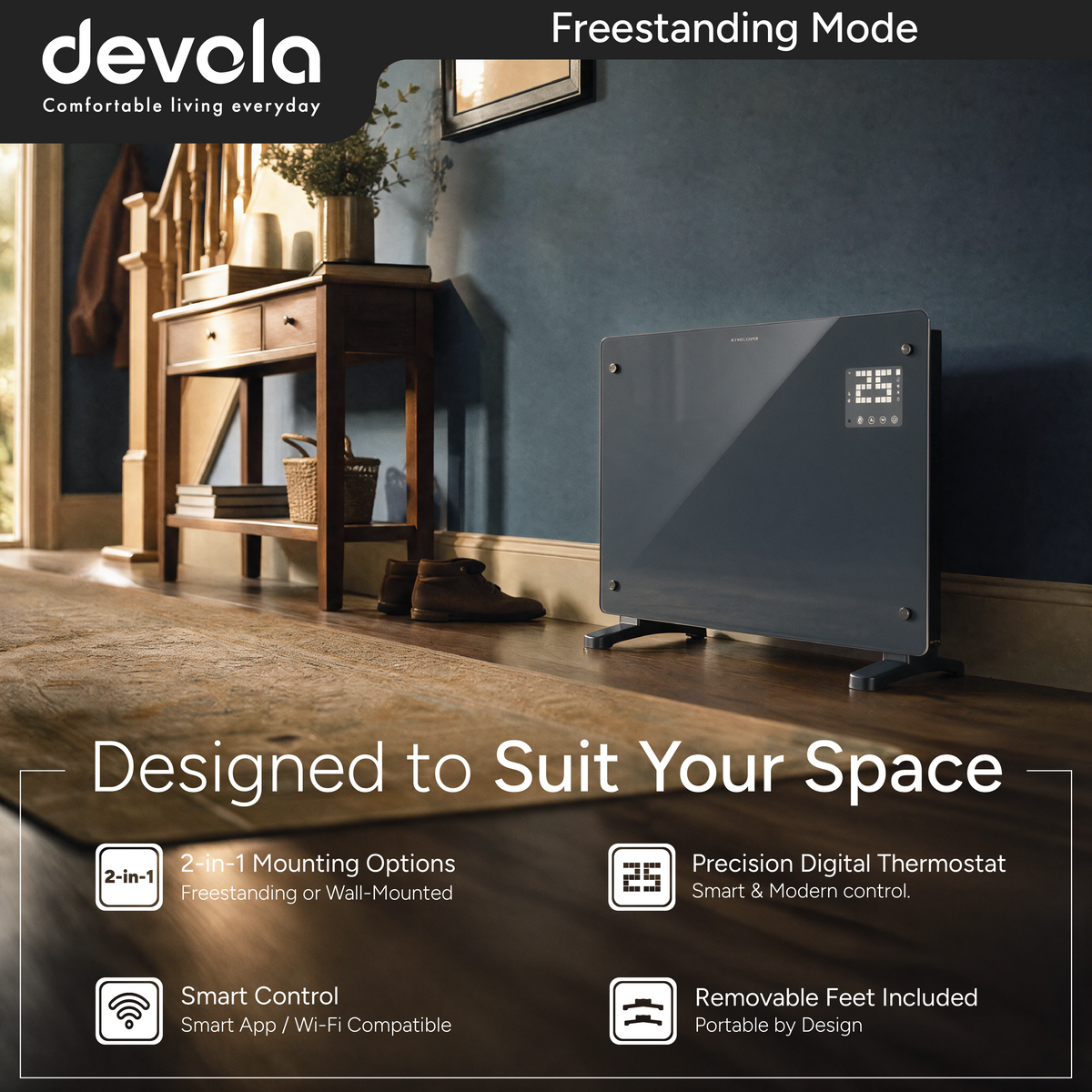 Devola 2000W Glass Panel Heater with Wifi app - Grey - DVPW2000G