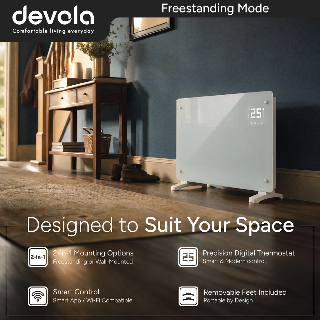 Devola Designer 2kW Smart Glass Panel Heater with Timer White -  DVPW2000WH