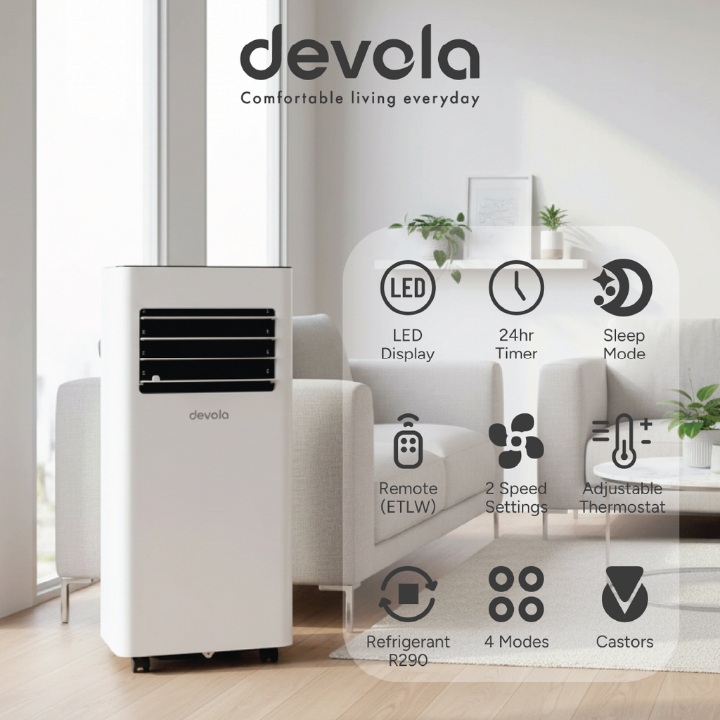 Devola Compact Portable Air Conditioner with Wi-Fi and 2x Window kits - 9,000BTU - Cooling & Heating - White - DVAC9KH