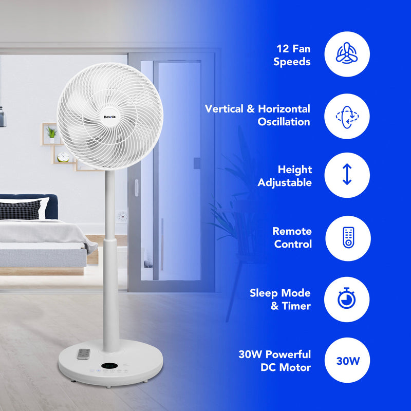 Devola Low Noise 30W 12 Speed 12-inch DC Pedestal Fan - White - DV12DCPFAN, Image 7 of 9