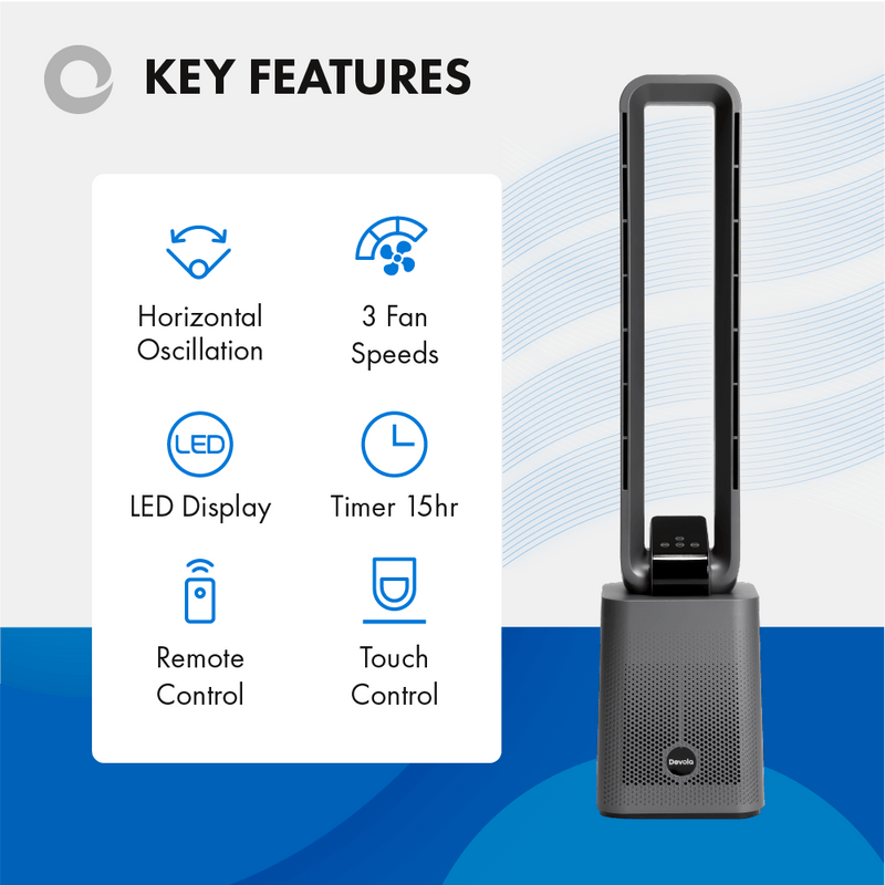 Devola Bladeless Tower Fan With Carbon Air Filter, 12 Speeds & Remote In Grey - DVBAM07, Image 2 of 8